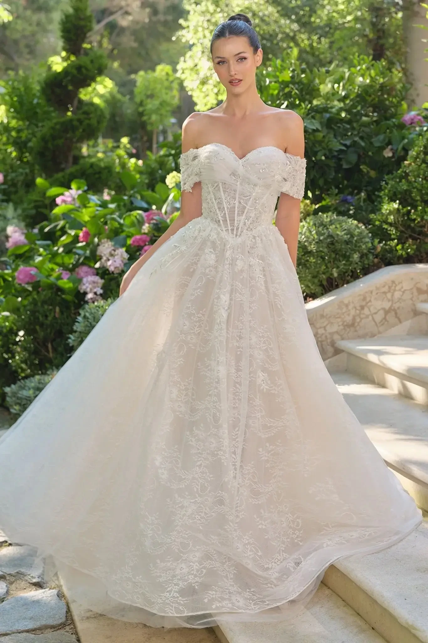 Romantic Andrea & Leo off-shoulder wedding dress with 3D floral embellishments