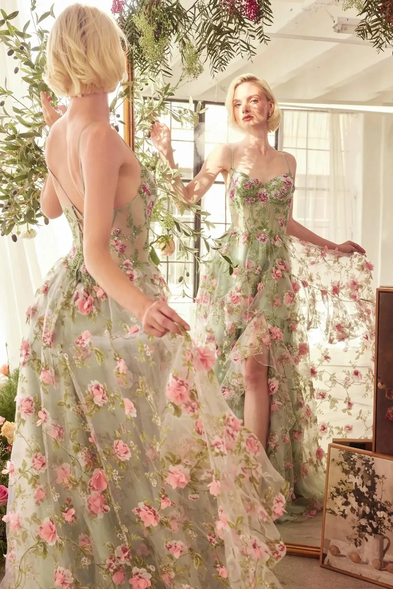 Andrea & Leo couture floral ball gown with corset bodice and layered skirt